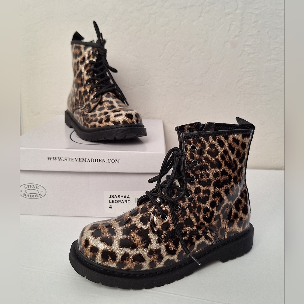 Steve Madden Glitter Combat Boots Leopard Animal Sparkly Kids Womens EU 36 NEW